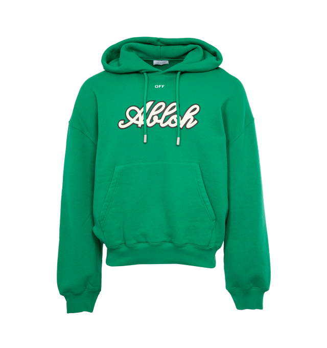 GREEN - OFF-WHITE FOOTBALL OVER HOODIE is an oversized hoodie that features collegiate-inspired branding and Virgil Abloh's last name in cursive on the front of the hoodie, an oversized number 23 with Off White wording above the number on the back in white with a drawstring hood and kangaroo pockets. 100% cotton.