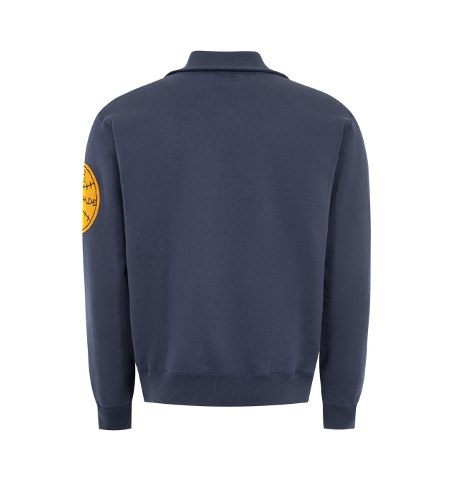 Image 2 of 3 - BLUE - HUMAN MADE  Half Zip Logo Sweatshirt featuring soft fleece fabric, classic collar, half zip closure, sleeve patch detail and patch & printed branding. 100% cotton. 