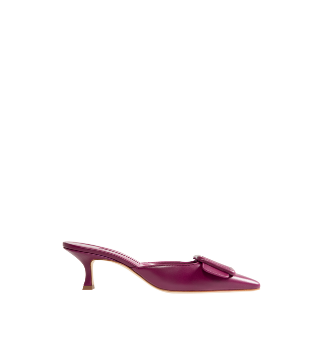 Image 1 of 4 - PURPLE - Manolo Blahnik Maysale nappa leather pointed-toe mules featuring a leather-covered buckle and 50mm kitten heel. 100% leather. Made in Italy. 