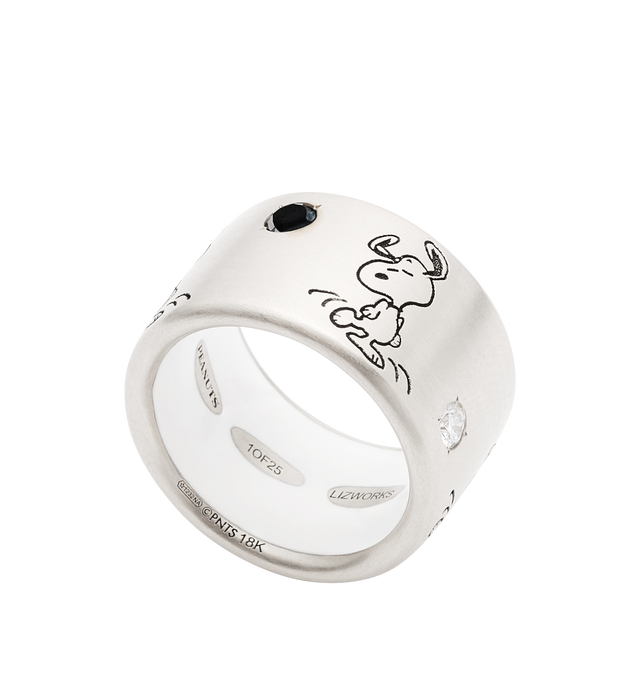 Image 3 of 3 - SILVER - LIZWORKS X PEANUTS Jazz Snoopy White Gold Comic Strip Ring Band featuring 18k white gold ring with black and white diamonds and white enamel. 13.5 mm. Hirshleifers offers a range of initial pieces from this collection in-store. For personal consultation and detailed information about jewelry, please contact our dedicated stylist team at personalshopping@hirshleifers.com. This item may be restricted for online purchase to international clients. For assistance purchasing this item plea 