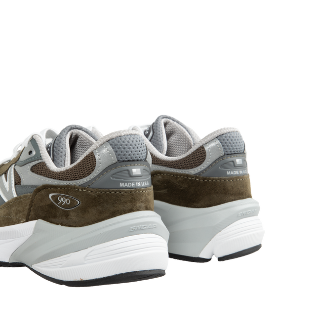 Image 3 of 5 - GREEN - New Balance Made in USA 990V6 running shoe features a olive mesh upper, with grey synthetic overlays, and olive suede mudguard, ENCAP midsole cushioning, padded collar and lace up style. 