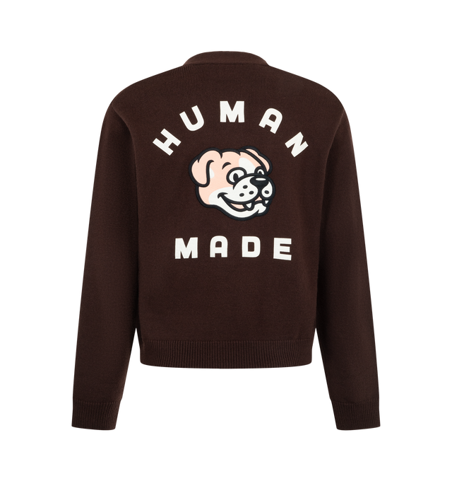 Image 2 of 2 - BROWN - Human Made Men's College Knit Cardigan is crafted from a wool and acrylic blend and features a classic cardigan silhouette with a button-front closure and collegiate-inspired styling. Main Material: 51% Wool, 49% Acrylic.  