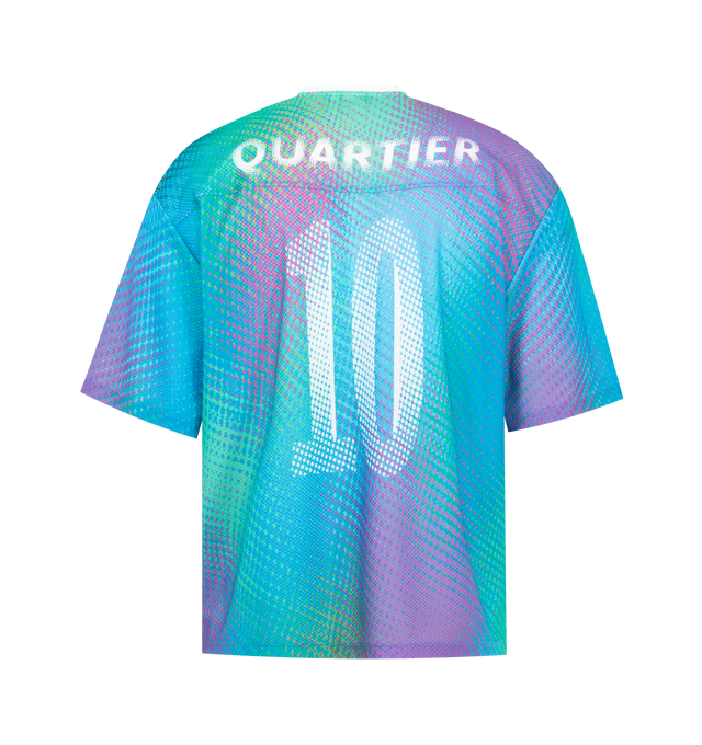 Image 2 of 2 - BLUE - LE PERE Ema Mesh Top featuring boxy soccer jersey made with a premium Italian mesh fabric, slightly digitally distorted pattern in complementary shades, 'le PRE' logo across the chest, short sleeves and crew neck. 77% polyester, 23% elastane. 