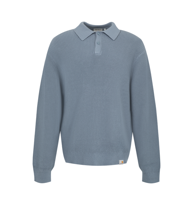 Image 1 of 2 - BLUE - CARHARTT WIP Miles Polo featuring 7-gauge midweight cotton yarn, long sleeves, buttoned half-placket, ribbed trim and a Square Label on the hem. 100% cotton knit. 