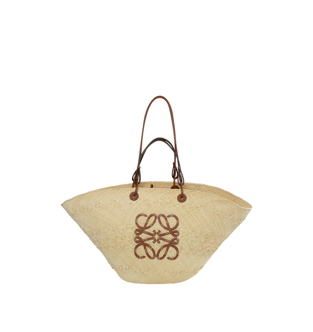 NEUTRAL - LOEWE Large Anagram Basket Bag featuring a classic handwoven body, shoulder or top handle carry, unlined, calfskin straps and an embroidered calfskin Anagram. 13.4 x 24.8 x 7.9 inches. Iraca Palm/Calf. Made in Spain.
