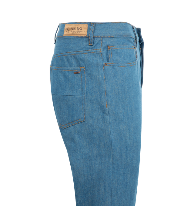 Image 3 of 3 - BLUE - Amiri Creased Flare Pants are a high-rise style with flared legs, side pockets, button-back pockets, and creased legs. Made in Italy.  