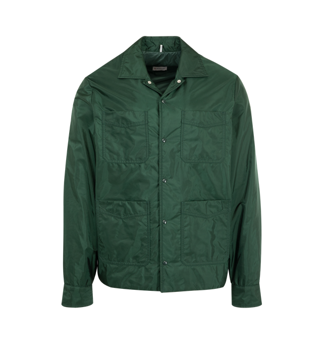 Image 1 of 1 - GREEN - Moncler Men's Shirt Jacket is crafted from technical nylon and features a clean, minimalist silhouette designed for versatile layering. Detailed with a button-front closure, functional pockets, and a signature logo patch, this lightly padded style offers a streamlined balance of utility and refinement. Main Material: 100% Polyamide. Lining: 100% Polyamide/Nylon . Padding: 100% Polyester. 