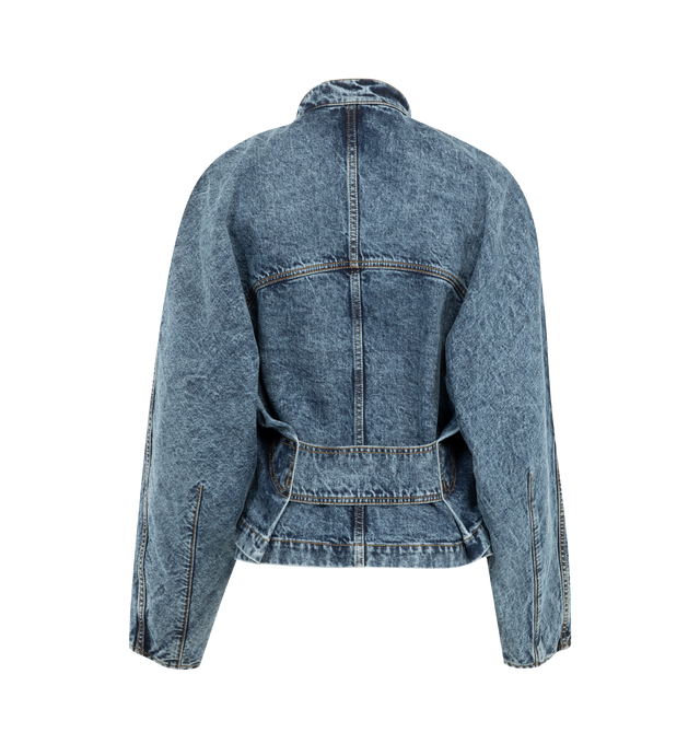 Image 2 of 4 - BLUE - ALAIA Denim Zip-Up Jacket with Rounded Sleeves featuring belted detailing at the back, band collar, long sleeves, side slip pockets, hip length and relaxed fit. Cotton/polyurethane. Made in Italy. 