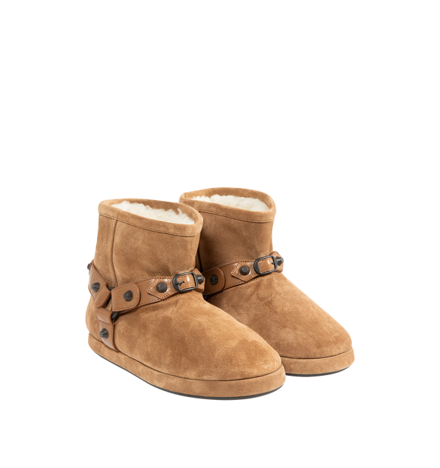 Image 2 of 4 - BROWN - BALENCIAGA Alaska Soft Bootie featuring split calfskin, wool and synthetic material, round toe, harness on the upper with studs and buckles in abs, Balenciaga logo debossed on the back and tone-on-tone sole. Upper: calfskin. Sole: TPU, bio-based TPU. Insole: wool, polyester, acrylic. Made in Italy. 