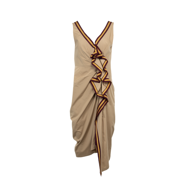 BROWN - DRIES VAN NOTEN Ruffle Midi Dress featuring midi length, gathered ruffle front styling, V-neckline, sleeveless, hem falls below the knee, sheath silhouette and concealed back zip. 100% cotton. Made in Poland.