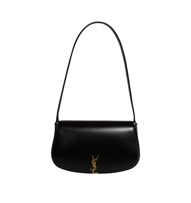 Image 1 of 3 - BLACK - Saint Laurent Mini Voltaire half-moon shoulder bag in calfskin with gently polished finish. Features a flap with magnetic Cassandre hinge closure and one flat interior pocket. Calfskin leather with leather lining and bronze-tone hardware. Made in Italy. Measures 8.3" X 4.3" X 1.8" with 9.4" strap drop.  