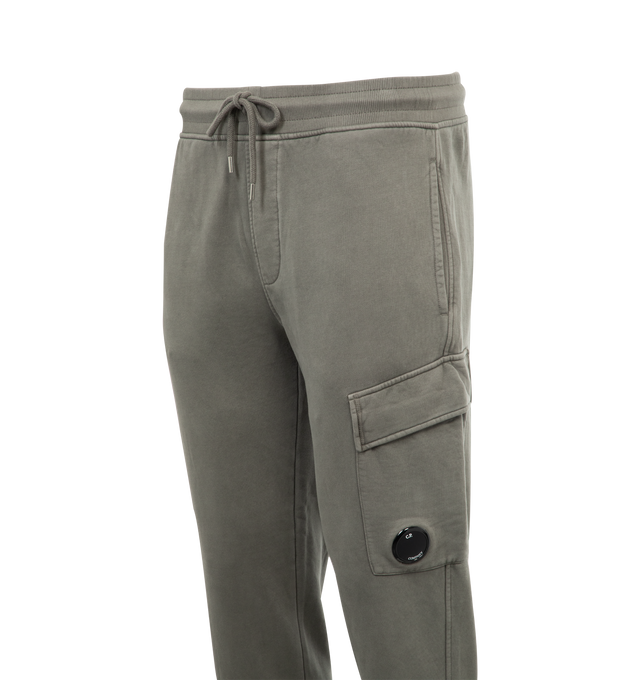 Image 3 of 3 - GREY - C.P. COMPANY Fleece Cargo Lens Sweatpants featuring adjustable drawstring waistband, side pockets, cargo pocket with Lens detail, ribbed hems, resist dyed and regular fit. 100% cotton. 
