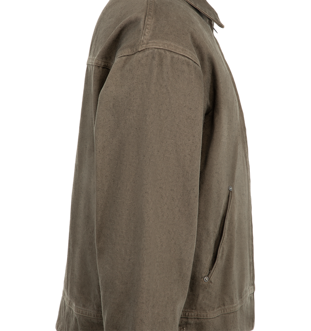 Image 3 of 3 - BROWN - Kaptain Sunshine Men's Dyed Denim Work Jacket is crafted from the brand's signature 13.5 oz cotton denim, treated through a mercerization process and finished with garment dyeing for enhanced depth of color and character. Designed with a relaxed-fitting silhouette, this workwear-inspired jacket features a front zip closure, adjustable side buckles, and a soft cotton flannel lining for added comfort and warmth. Main Material: 100% Cotton. Lining: 100% Cotton Flannel. Made in Japan. 