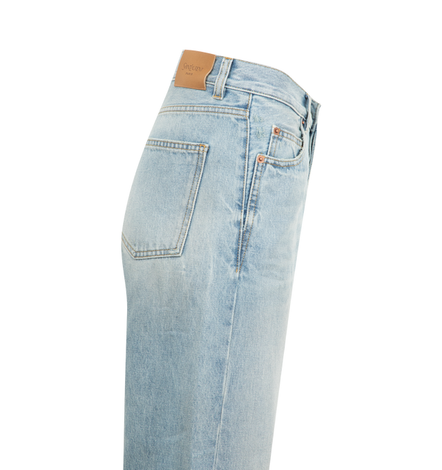 Image 3 of 3 - BLUE - SAINT LAURENT V-Waist Long Baggy Jeans featuring five pocket styling, high waisted, long wide leg fit and v cut waistband. 100% cotton. Made in Italy. 