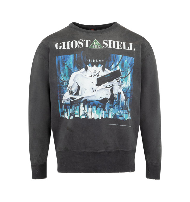 Image 1 of 2 - BLACK - Saint Michael Ghost Shell Crewneck featuring long sleeves, crew neck, printed graphics and ribbed collar, cuffs and hem. 100% cotton. 