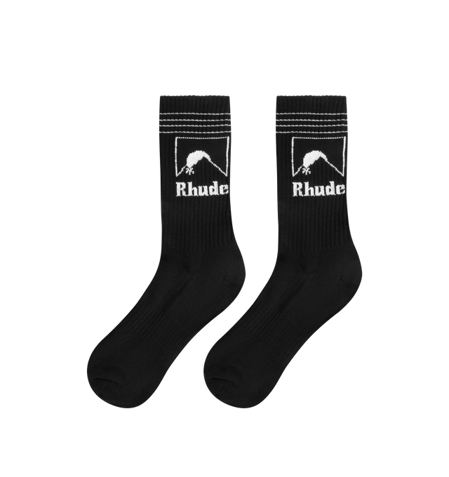 Image 2 of 2 - BLACK - RHUDE Moonlight Socks featuring calf length design and logo detailing. 80% cotton, 12% polyester, 8% spandex. 