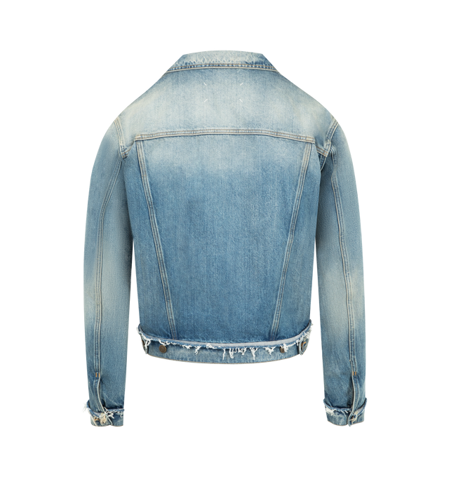Image 2 of 3 - BLUE - MAISON MARGIELA Denim Caban Jacket featuring creases, shading, and softened edges, utilitarian silhouette, patch pockets, button fastening, signature four stitches on the back, gauge 14 oz origin denim, frayed hem detail, long sleeves and shirt collar 100% cotton. Made in Italy. 