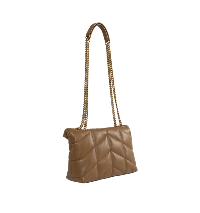 Image 2 of 4 - BROWN - Sainut Laurent LouLou puffer bag in a mini version crafted from soft nappa lambskin with chevron quilting. Featuring magnetic snap tab, light bronze hardware, and a sliding 11.4 inch to 21.7 inch long chain strap suitable for use as a shoulder bag or cross-body.  Interior features a zipped pocket, two card slots and grosgrain lining.  Measures 9 X 6.1 X 3.3 inches. 100% lambskin. Made in Italy. 