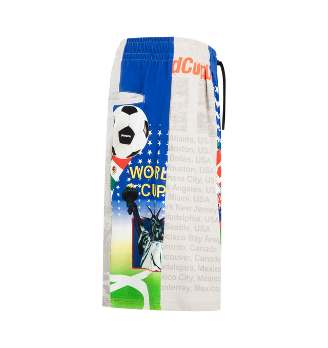 Image 4 of 4 - MULTI - Pleasures Mens World Cup Wide Shorts are crafted from heavyweight cotton jersey. Features a wide-leg silhouette, pin-tucked pleats, elastic waistband, and all-over graphic print. Main Material: Cotton. Made in China. 