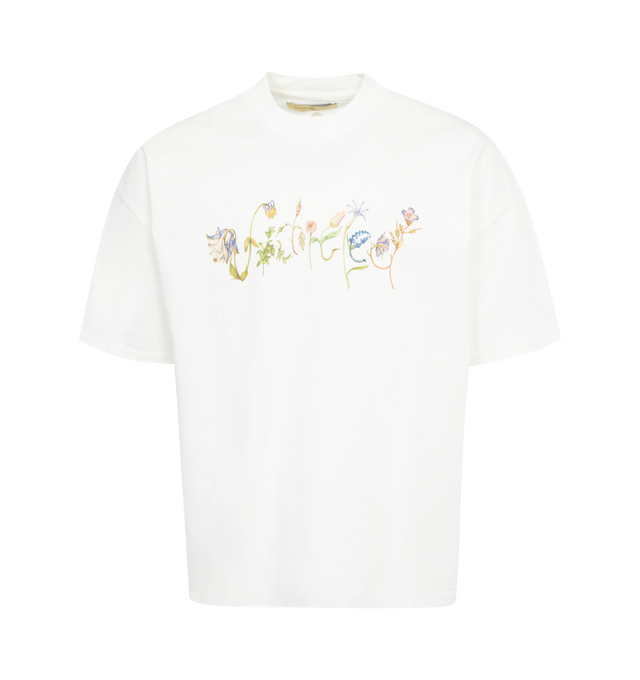 WHITE - UNTITLED ARTWORKS Flower Lettering Tee featuring logo print on the front, crew neck, short sleeves and straight hem. 100% cotton.