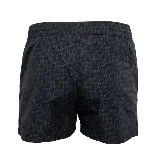 BLACK - OFF-WHITE OFF STAMP AO SWIMSHORTS are black swimshorts featuring Off-White logo as pattern all over with two side slit pockets and one coin pocket on the back. Elastic waistband. Regular fit. Outer: 100% Polyester Lining: 100% Polyester