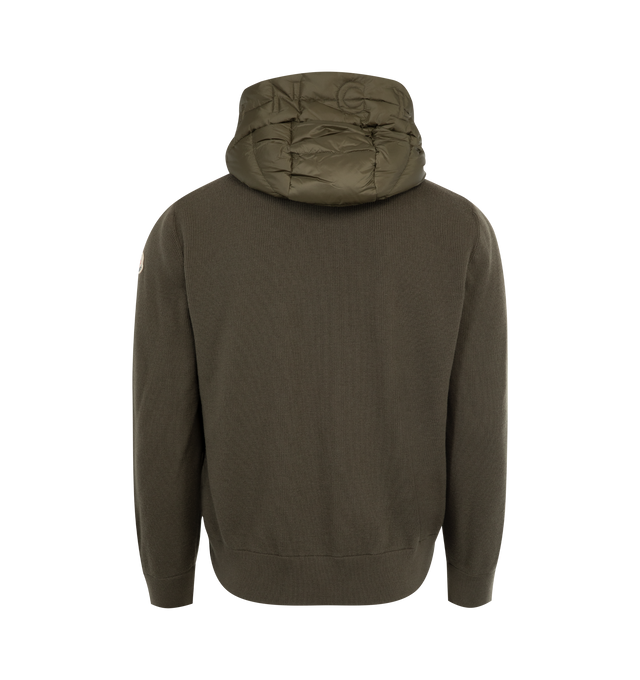 Image 2 of 3 - GREEN - MONCLER Padded Cardigan featuring longue saison lining, down-filled longue saison front, rib knit, gauge 12, mico soft hood, zipper closure, zipped pockets, quilted logo and logo patch. 100% polyamide/nylon. 100% virgin wool. Padding: 90% down, 10% feather. 