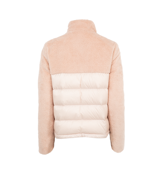 Image 2 of 3 - PINK - Moncler Women's Polignac short down jacket crafted from teddy.  Down-filled Puffer style with recycled longue saison nylon fabric back adding extra warmth without feeling heavy. Features zipped closure and zipped pockets. 