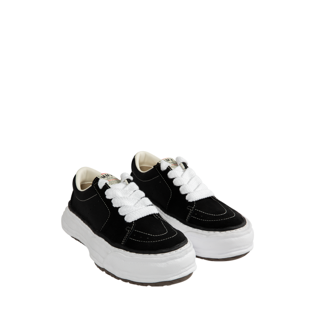 Image 2 of 5 - BLACK - Maison Mihara Yasuhiro Men's Eric Sneakers feature the brand's signature hand-sculpted OG sole, a mixed-material suede and canvas upper, and distinctive toe stitching for a bold contemporary look. Designed for the Spring/Summer 2026 collection, these designer low-top sneakers combine Maison Mihara Yasuhiro's experimental aesthetic with everyday comfort, while the handcrafted-inspired sole and intentional vintage detailing create a truly distinctive silhouette. Main Material: Cow Leath 