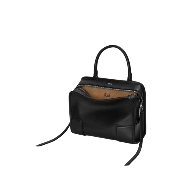 Image 7 of 16 - BLACK - Loewe Small Amazona 180 Bag in leather features a relaxed silhouette anchored by a single toron top handle, designed to be carried open, while a concealed closure secures the main compartment, three carry options: short handle, removable shoulder strap and crossbody, zip closure with two leather zip pullers, two compartments, main compartment closed with magnetic closure, internal flat pocket, left side d-ring for customization, nappa lambskin lining, and embossed double L branding.  