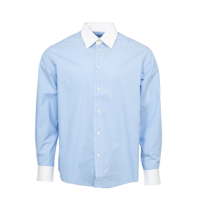 Image 1 of 3 - BLUE - BODE Striped Poplin Shirt featuring pinstriped poplin, contrasting white collar and cuffs, long sleeves and button front closure. 100% cotton. Made in India. 