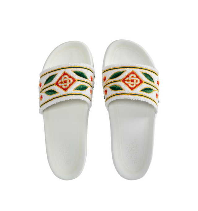 Image 4 of 4 - WHITE - Casablanca terry sliders are crafted from an embroidered terry fabric and feature the house's diamond logo and signature Laurel artwork on its uppers. Completed with padded rubber soles. 100% polyester with 80% polyester 20% cotton lining. Made in Portugal. 