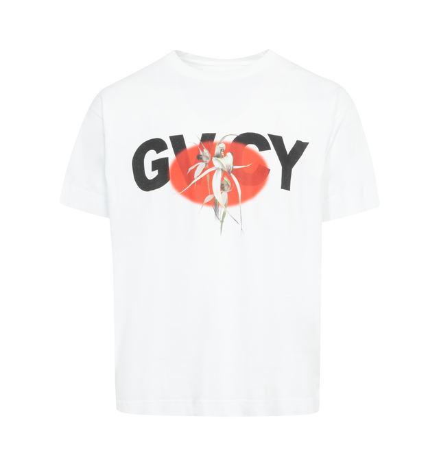 WHITE - GIVENCHY Boxy Short Sleeve Tee featuring crew neck, GVCY and flower prints on the front, small 4G emblem printed on the back and boxy fit. 100% cotton.