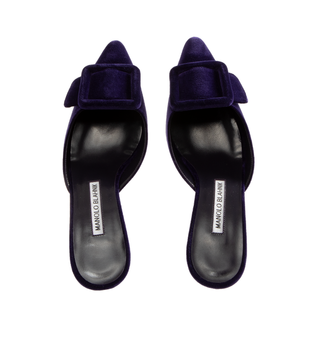 Image 4 of 4 - PURPLE - MANOLO BLAHNIK Maysale Mule featuring suede buckle and kitten heel. 50MM. 100% kid suede. Sole: 100% calf leather. Lining: 100% kid leather. Made in Italy. 