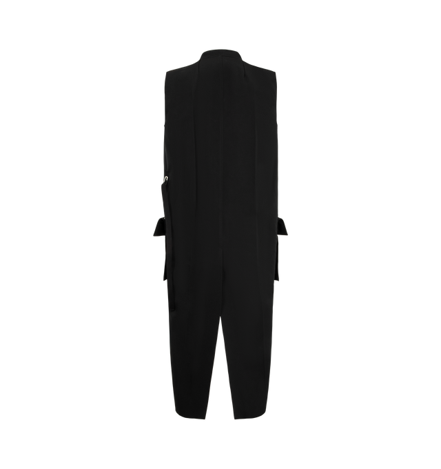 Image 2 of 2 - BLACK - Rick Owens Men's Long Lab Cargo Vest is crafted from wool whipcord and waxy lamb leather and features a sleeveless, below-the-knee silhouette with a flat collar and wrap-front construction secured by an attached wrap-around belt that creates draping at the back. Designed with signature level shoulder seams, two vertical chest pockets, two side front pockets with dual-entry flaps, a center back vent, and internal zip pockets, this statement layering piece combines utilitarian detailing 