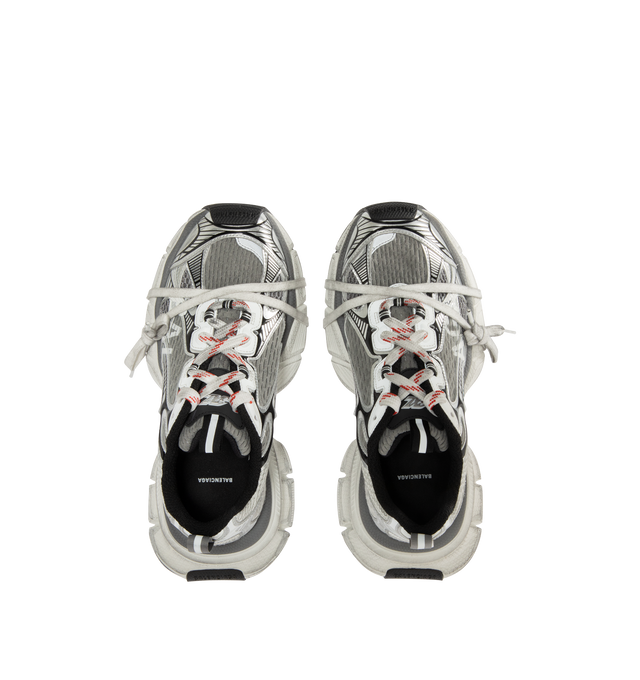 Image 5 of 5 - WHITE - BALENCIAGA 3XL Split Logo Sneaker featuring worn-out effect, split artwork printed on the exterior, Balenciaga logo at the edge of the toe and at back, printed size on the upper and at the back of the heel, 3XL branding printed on the tongue and back and tongue pull-on tab with reflective detail. Polyurethane, polyester. Sole: rubber, EVA. Insole: foam. 