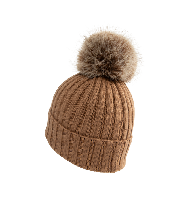 Image 2 of 2 - BROWN - Moncler Wool Beanie with Pom Pom features an English rib-knitting and logo at front and embellished with a faux fur pom pom. Designed to provide warmth, this heavy knit beanie for women adds the finishing touch to cold-weather looks. 100% virgin wool . 