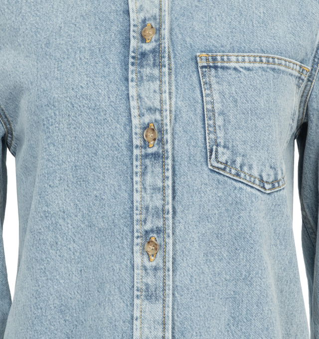 Image 3 of 3 - BLUE - TOTEME Petite Denim Shirt featuring buttoned placket and cuffs, chest pocket, collar and long sleeves. 100% organic cotton. 