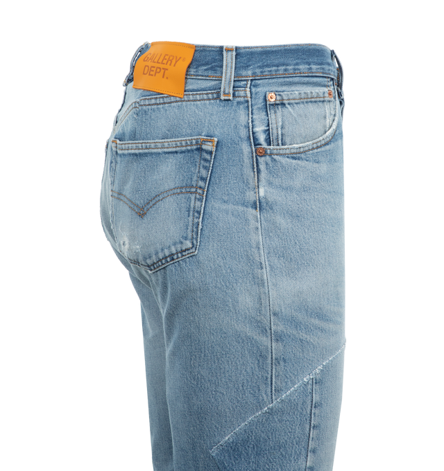 Image 2 of 2 - BLUE - GALLERY DEPT. Kelly Jeans featuring 5 pockets, button fly, straight fit, raw hem and patchwork details. 100% cotton. 