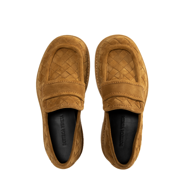 Image 4 of 5 - BROWN - Bottega Veneta Haddock Loafers are a slip-on style with smooth calfskin leahter and Intrecciato details. Rubber outsoles. Made in Italy.  