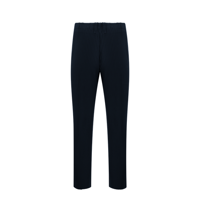 Image 2 of 3 - NAVY - ISSEY MIYAKE Basics Pants featuring signature pleated style, straight fit, lightweight fabric, breathable polyester, elastic waistband and button fly. 100% polyester. Made in Philippines. 