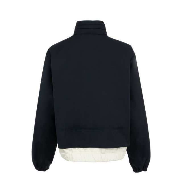 Image 2 of 3 - NAVY - Moncler Janze Pull-Out Hood Jacket has a stand collar with a pull-out drawstring hood, a 2-way zip front closure, an embroidered logo patch, elastic cuffs, side pockets, a relaxed fit, and an elastic hem with snaps. Made in Romania. 