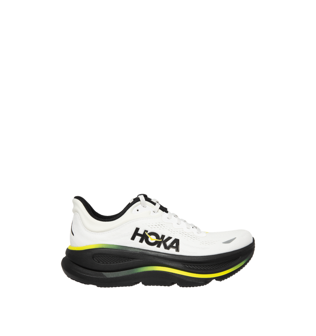 Image 1 of 5 - WHITE - Hoka M Bondi 9 Sneaker featuring engineered mesh upper with rubber sole, lace-up front, foamed EVA midsole and increased stack height for maximum cushioning, zonal breathability, reflective detailing and cushioned tongue and collar. 