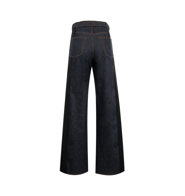 Image 2 of 3 - BLUE - SACAI Denim x Suiting Pant featuring belt loops, detachable cinch belt, four-pocket styling, zip fly, logo-engraved bronze- and silver-tone hardware and contrast stitching in tan. 100% cotton. Made in Japan. 