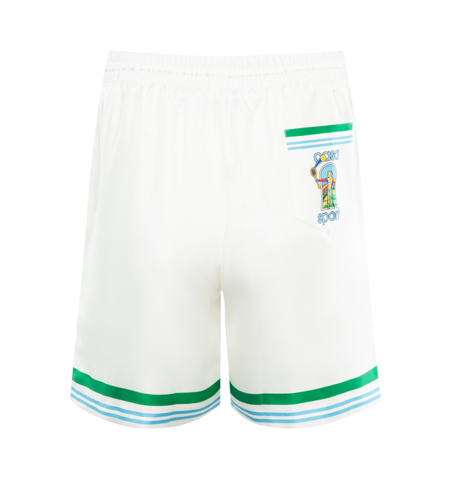 Image 2 of 3 - WHITE - CASABLANCA Silk Shirt featuring short length, elasticated waistband, drawstring fastening, stripe design, back pocket and tonal stitching. 100% silk. 