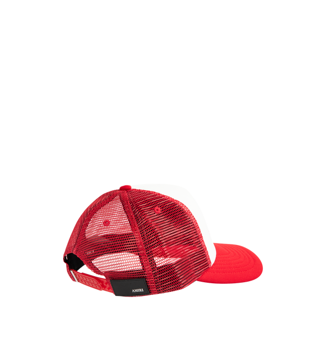 Image 3 of 3 - RED - AMIRI Eagle Trucker Hat featuring adjustable back straps, front graphic and mesh back panel. 100% polyester. 