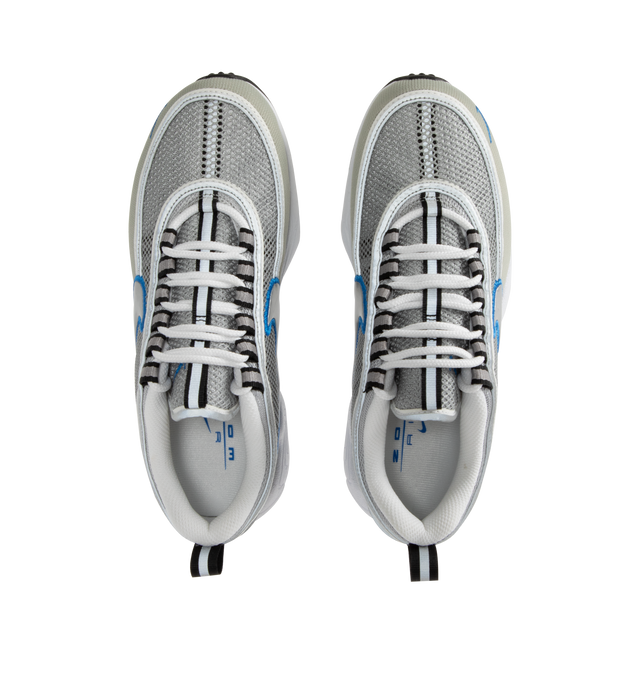 Image 5 of 5 - SILVER - Nike Air Zoom Spiridon SP Sneakers are a lace-up style with reflective piping, mesh uppers, Zoom Air cushioning, metallic overlays, signature branding details, contoured footbeds, and rubber outsoles.  