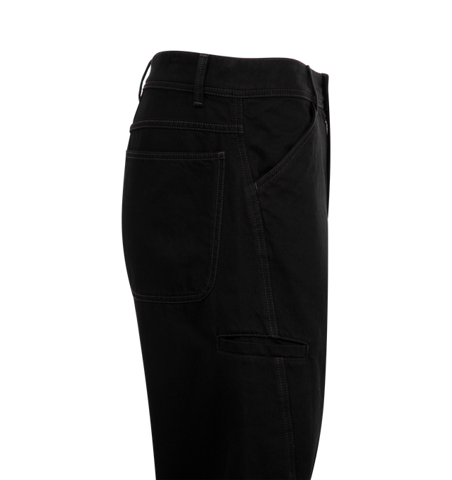 Image 3 of 3 - BLACK - LEMAIRE Twisted Workwear Pants featuring tapered leg, zipped fly, metal button, side piped pocket above the knee, two patch pockets in the back, yoke and belt loops. 100% cotton. Made in Romania. 