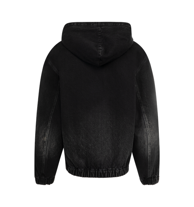 Image 2 of 3 - BLACK - SEEKINGS Hooded Denim Worker's Jacket feauring boxy oversized fit, zip front closure, kangaroo pocket at front and elastic cuff and hem. 100% cotton. 100% olyester lining.  