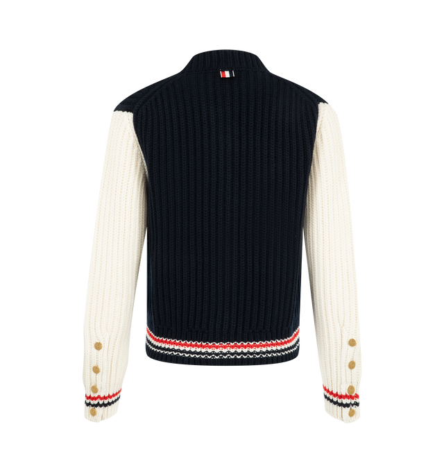 Image 2 of 2 - NAVY - Thom Browne Women's Half Cardigan Stitch Crew Neck Cardigan is crafted from chunky cashmere and features a half-cardigan stitch construction, a crew neckline, and the brand's signature RWB stripe detailing. Designed as a substantial knit layering piece. Main Material: Cashmere. Made in Italy. 