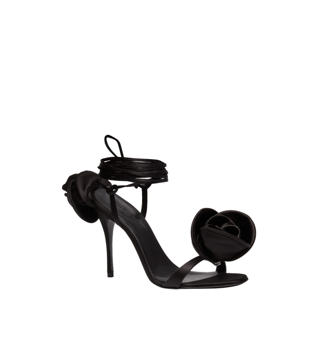 Image 2 of 4 - BLACK - MAGDA BUTRYM Flower Satin Sandals featuring satin upper, wraparound self-tie ankle laces and flower appliqu at heel and toe. 105MM heel. 100% silk. Leather sole. Made in Italy. 